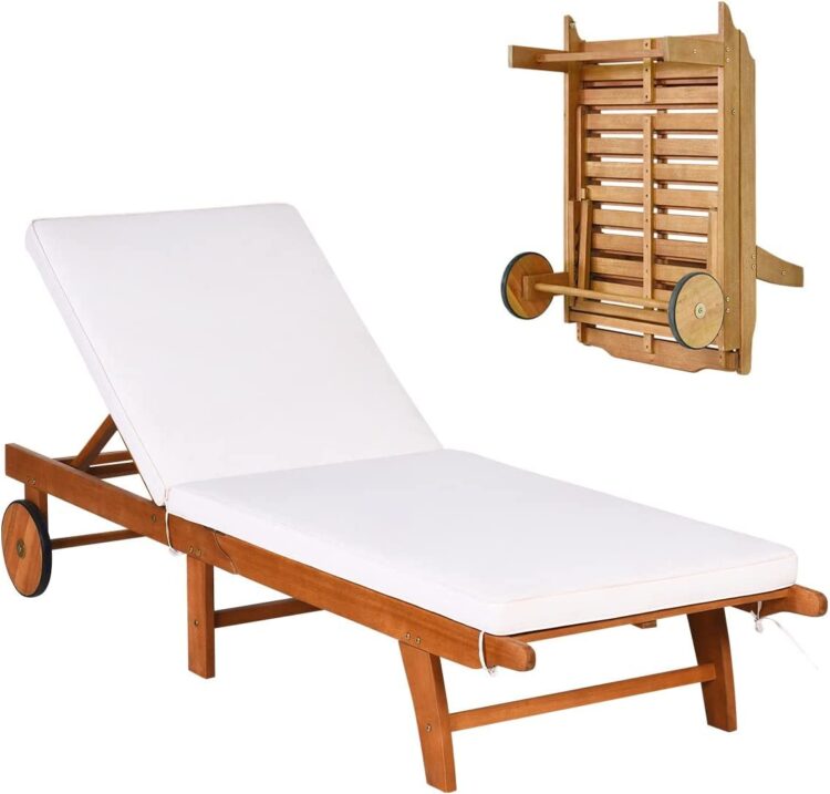 ️GIANTEX Sonnenliege Klappbar Holz, Mobile Gartenliege mit Rollen